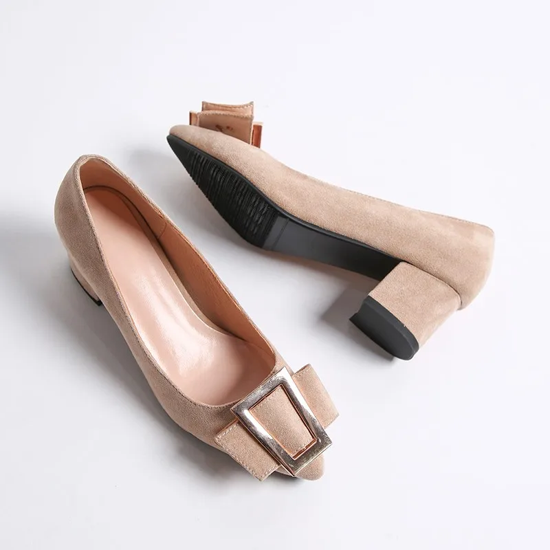 

Office ladies work shoes women pumps high heels 2020 autumn new suede slip on block heel metal buckle dress shoes big size 42 43