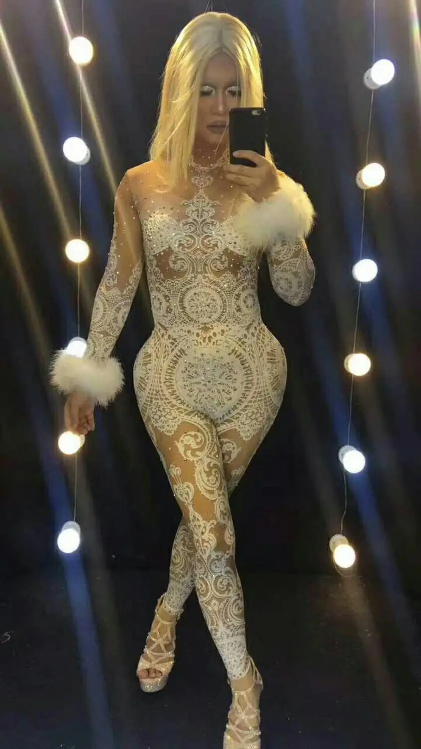 

Women Sexy Lace Hollows Bodycon Jumpsuits Rompers Women Stage Performance Costumes Dance Clothes Cuff Fur Design Nightclub Wear