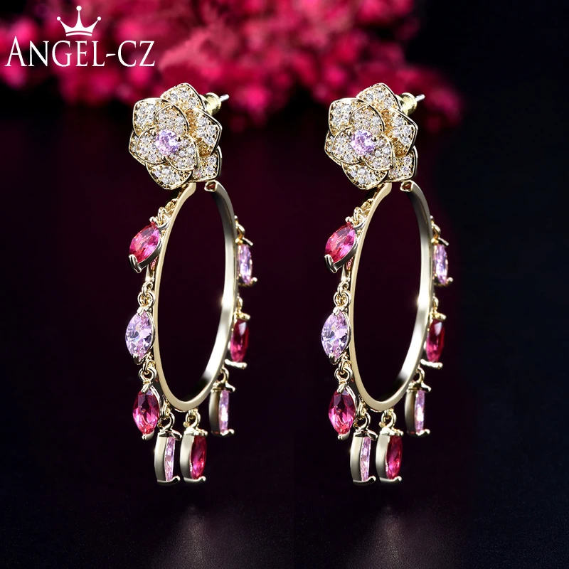 

Angelcz Elegant Golden Rose Flower Big Circles Round Hoop with Red CZ Tassel Fashion Earrings for Women Silvery Jewelry AE259