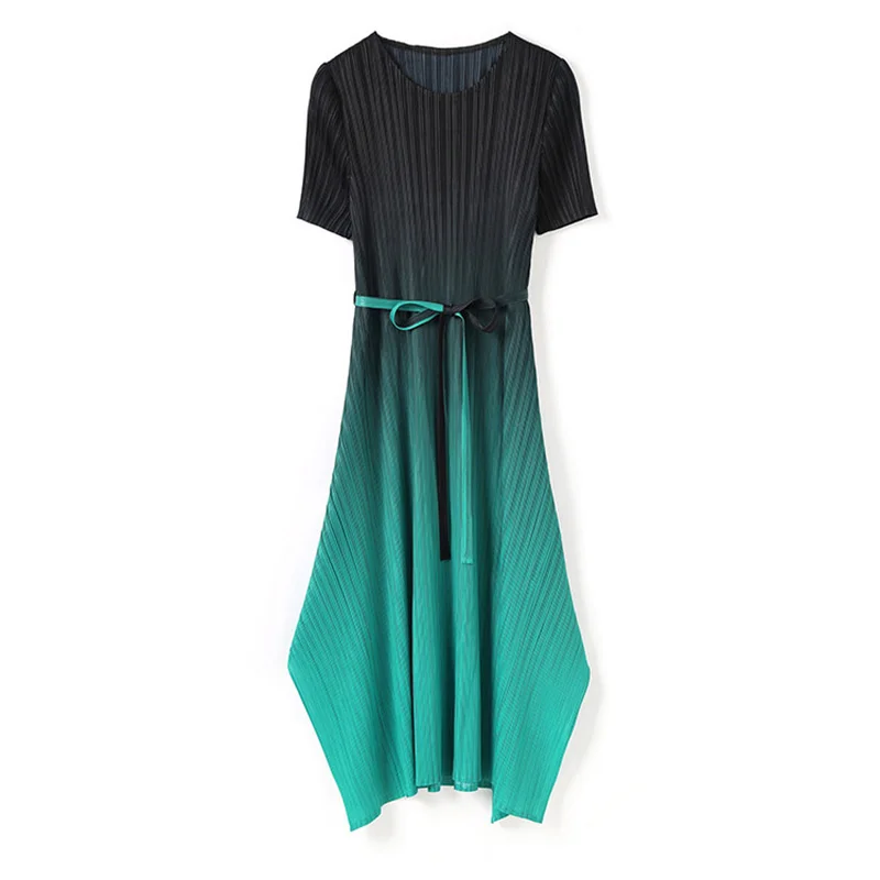 

LANMREM Women Pleated Gradient Bandage Dress New Round Neck Short Sleeve Loose Fit Fashion Tide Summer 2021 2E1579