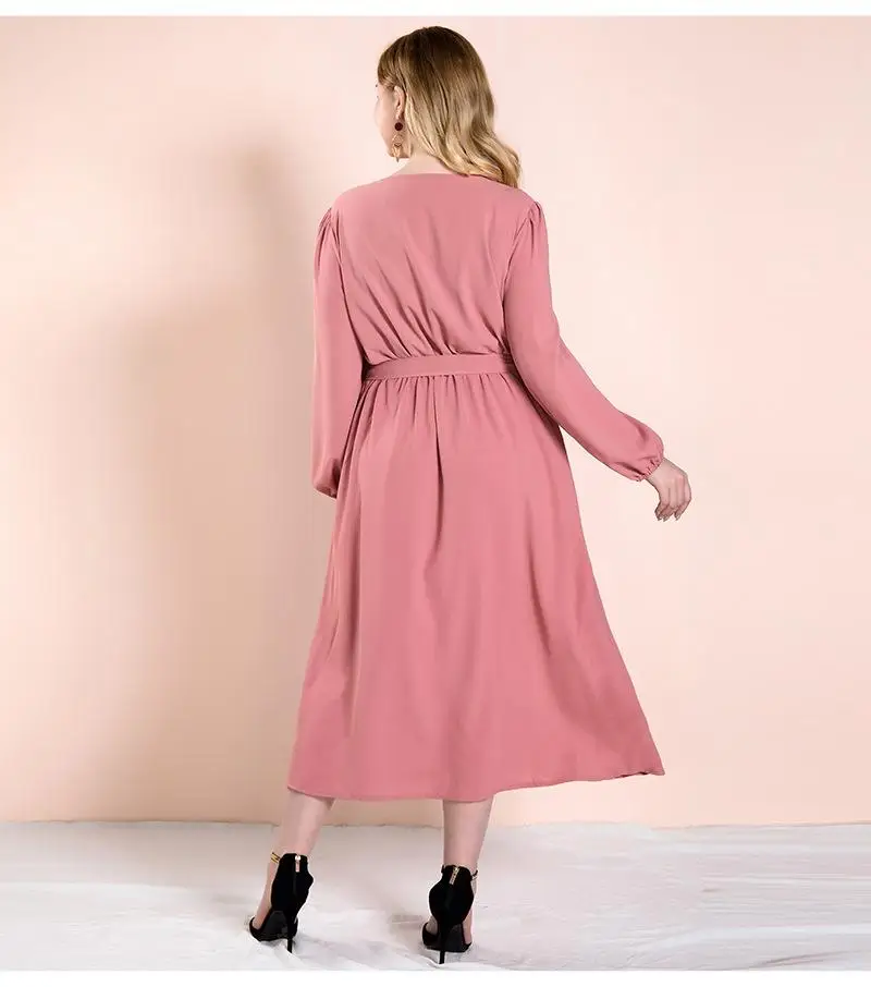 

XL-4XL Autumn Long Sleeve Large Size Dress Pink V-neck Lace Up Casual Long Dress Women Button Casual Plus Size Dresses Outfits