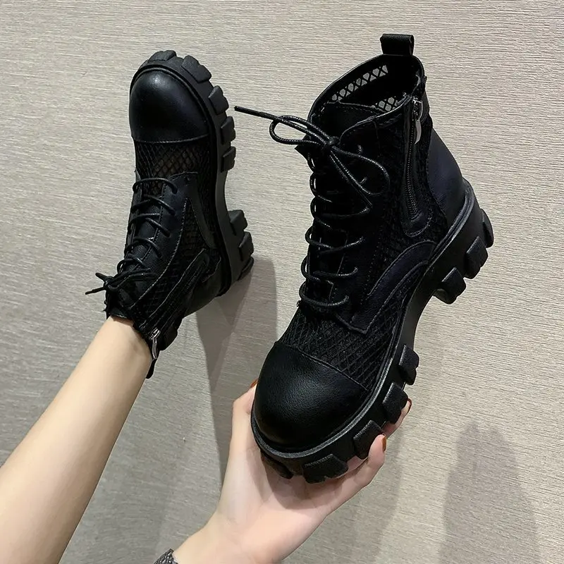 Rimocy Classic Women Thick Bottom Black Mesh Summer Boots Round Toe Zipper Lace Up Platform Shoes Woman High Heels Ankle Botas