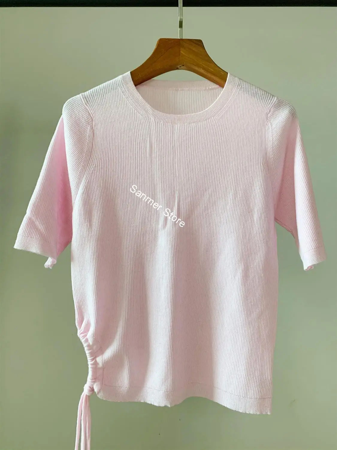 

Black Pink Gray Women Knit Tees Side Drawstring Design O-neck Half Sleeve Slim Spring Summer Lace-up Sweater Top