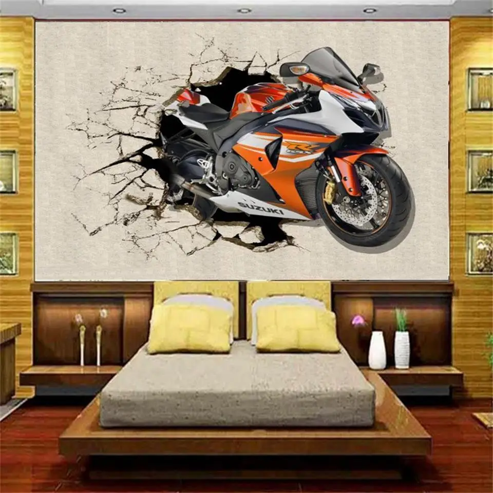 3d фотообои на заказ настенные для гостиной кровати мотоцикла сломанная стена