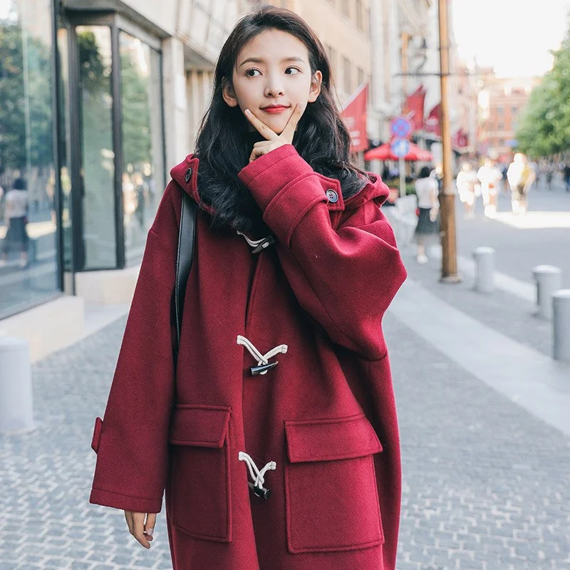 

2021 Autumn And Winter New Korean Red Horn Button Tweed Coat Women's Middle Long Hooded Student's Woolen Coat