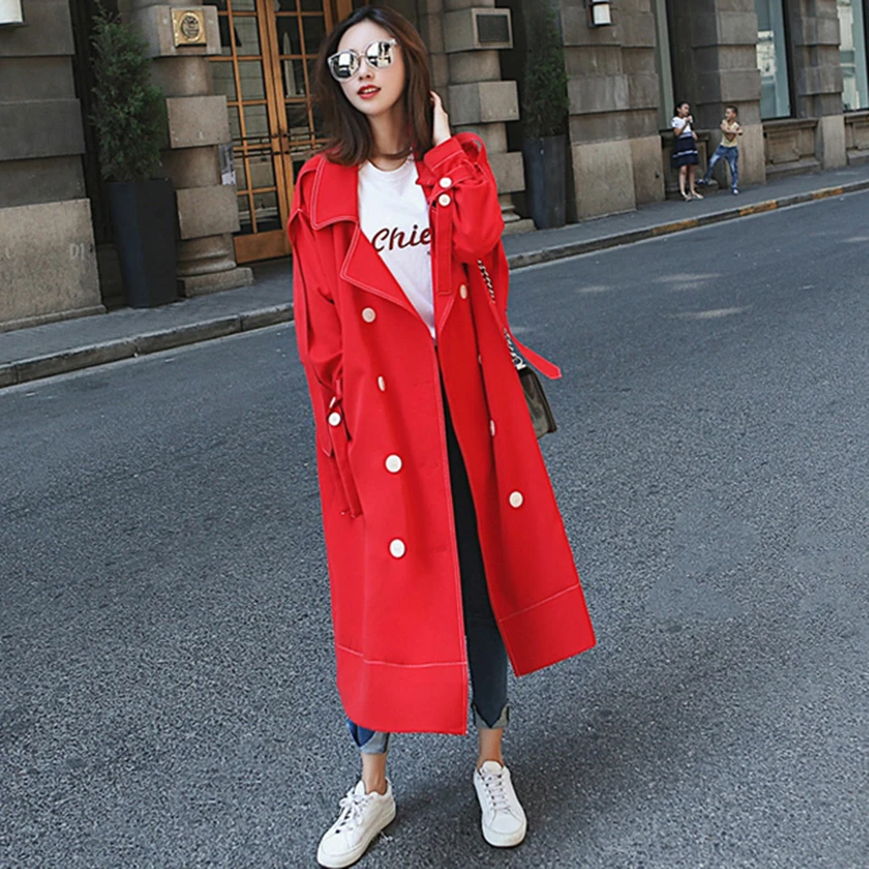 2020 spring Autumn Casual Double breasted Simple Classic Long Trench coat women red/black Chic Female windbreaker FY32 | Женская одежда