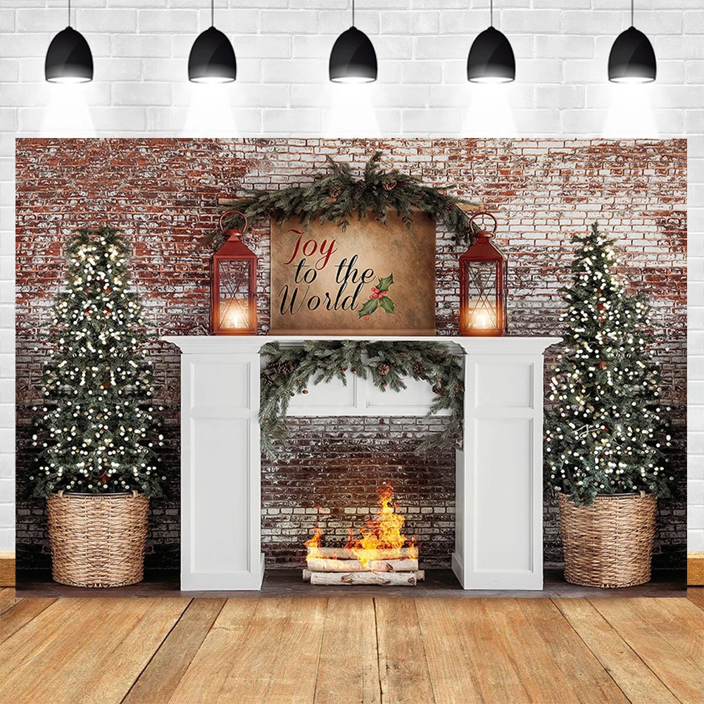 

Photography Background Christmas Decoration Tree Retro Vintage Brick Wall Fireplace Christmas Backdrops for Photo Studio