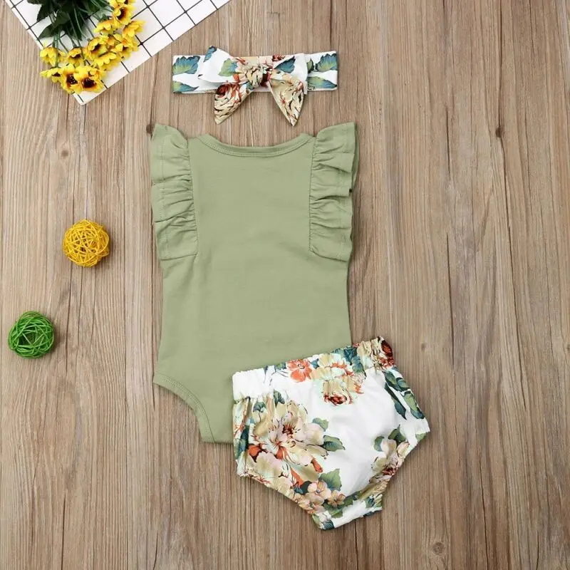 2019 Toddler Newborn Infant Baby Girls Clothes Set Ruffle Sleeveless Bodysuit Green Floral Shorts Headband Clothing Outfit 3PCs |