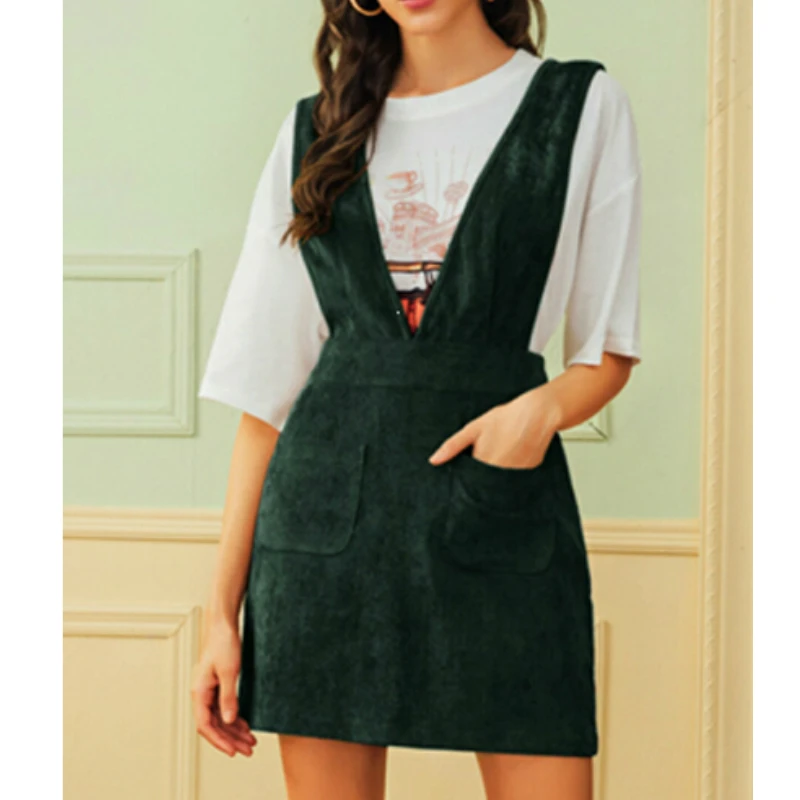 Fashion Casual Women High Waist Brace Dresses Solid Corduroy Above Knee Mini Dress School Costumes Outfits Party Female Girls | Женская