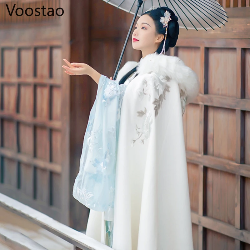 Осенне зимняя женская накидка Hanfu в китайском стиле с капюшоном и цветочной
