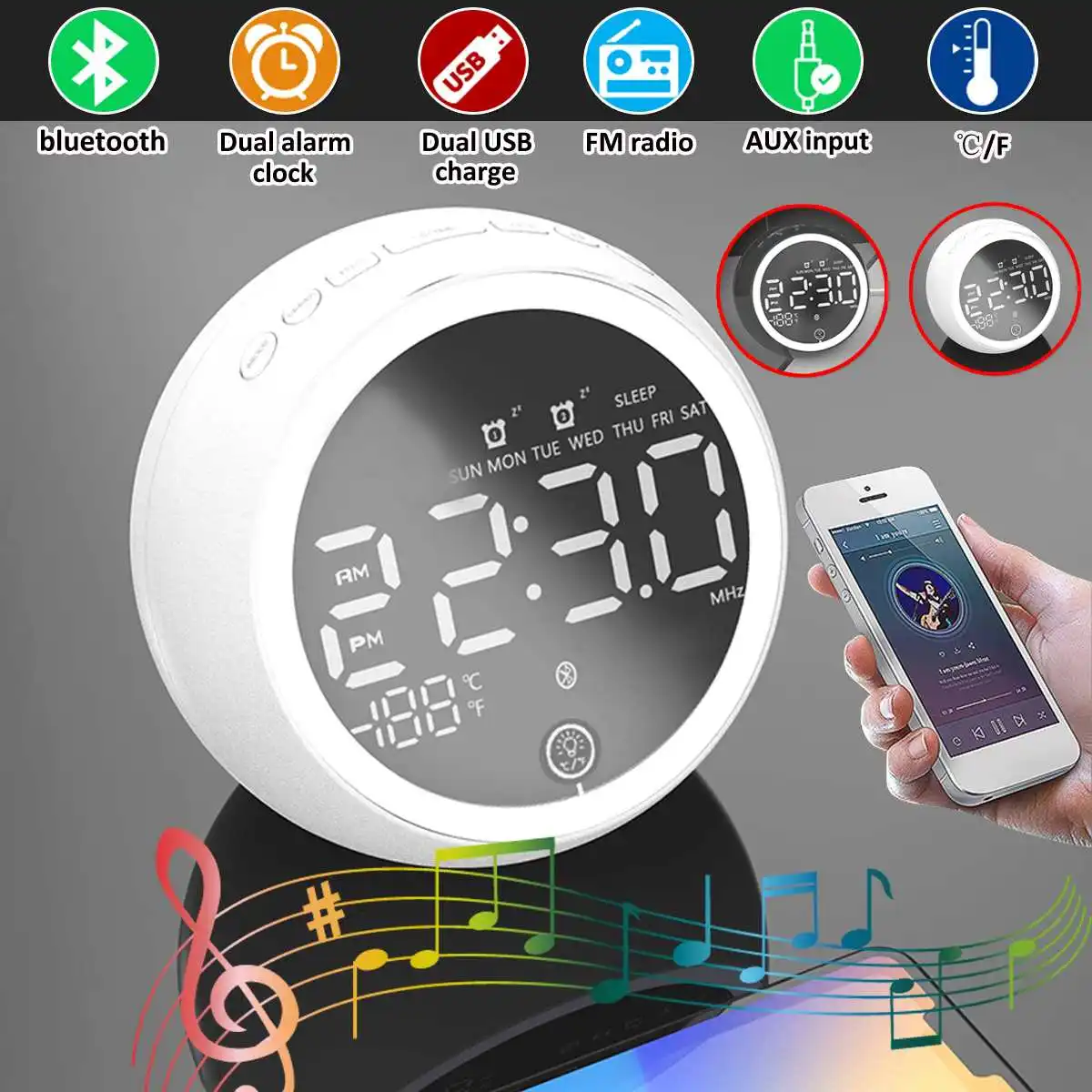 СВЕТОДИОДНЫЙ цифровой двойной будильник беспроводной bluetooth бас-динамик FM-радио +