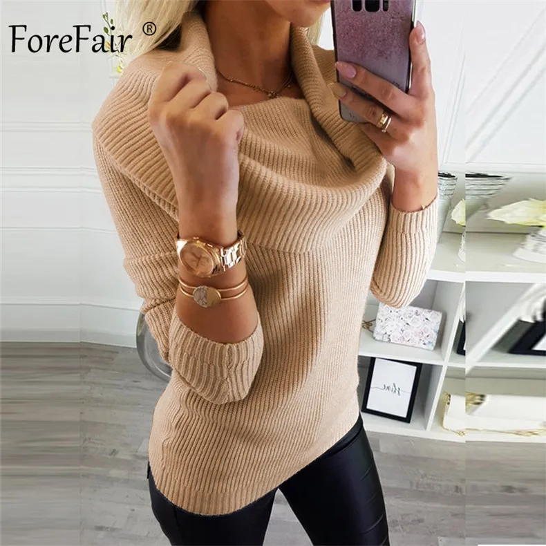 Forefair, вязаный свитер с воротником, зима, белый, черный, хаки, тонкая водолазка, трикотаж, Осенний Женский пуловер