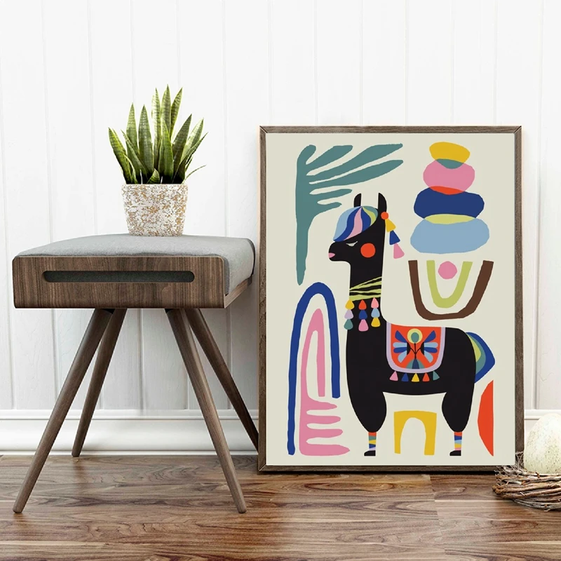 

Children Hand-Painted Feeling Alpaca Cartoon Abstract Painting Living Room Decoration Painting Canvas Poster Painting Home Decor