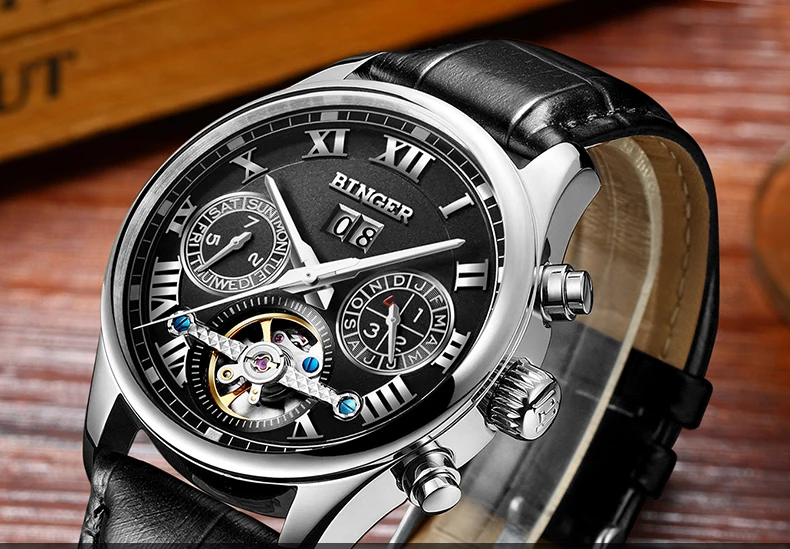 Швейцарские Бингер мужские часы люксовый бренд Tourbillon сапфир светящиеся несколько функций механические наручные часы B8602-7