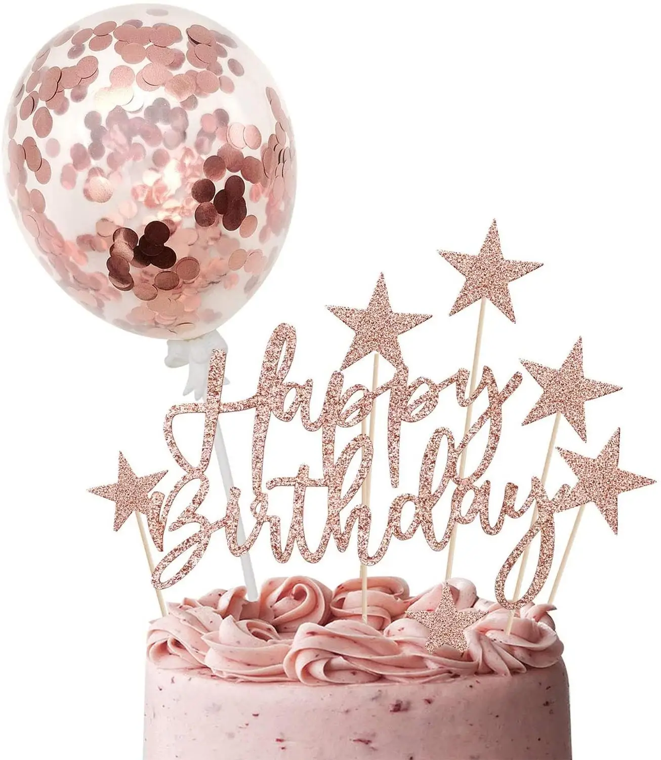 Розовое золото с днем рождения торт Топпер и воздушный шар &quotКонфетти&quot