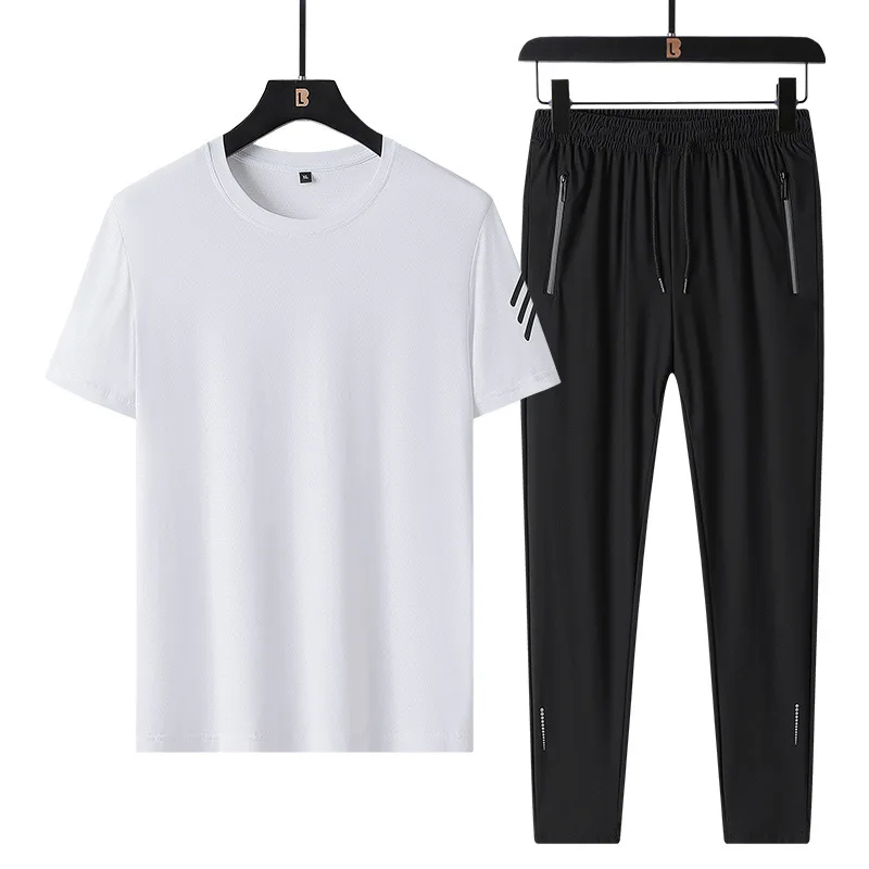 

Men's sports and leisure suit ice silk 2021 summer new short sleeve T-shirt pants fitness running two piece men's suit