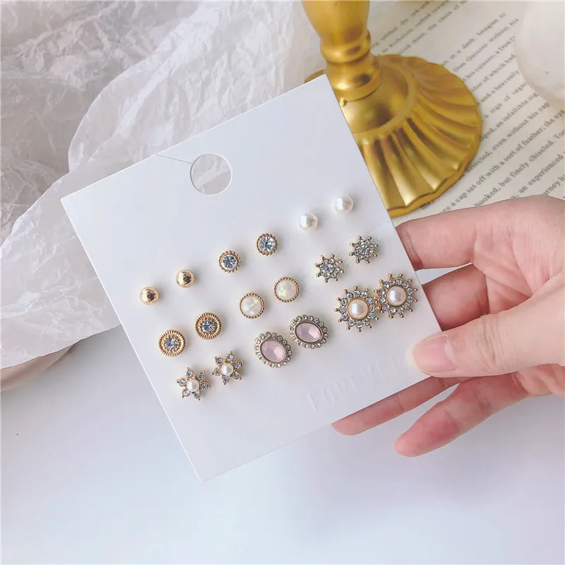 

Classic Oval Rhinestone Pearl Earrings Set Summer Fashion Women Korean Sun Star Shape Wedding Ins Jewelry