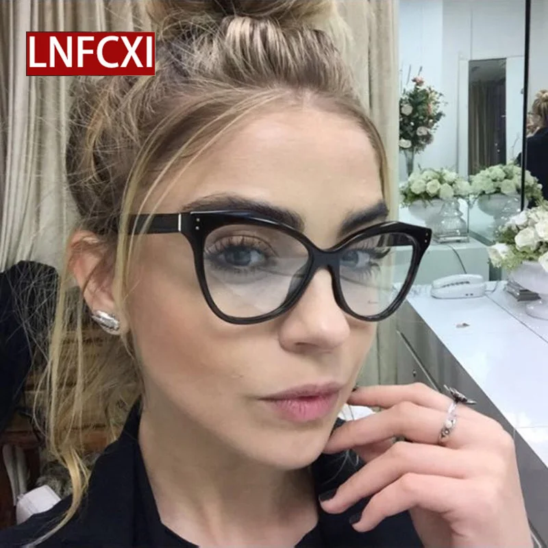 

LNFCXI Retro Cat Eye Female Glasses Frame Women Fashion Nail Decoration Ladies Eyeglasses Frame Clear Glasses Lens