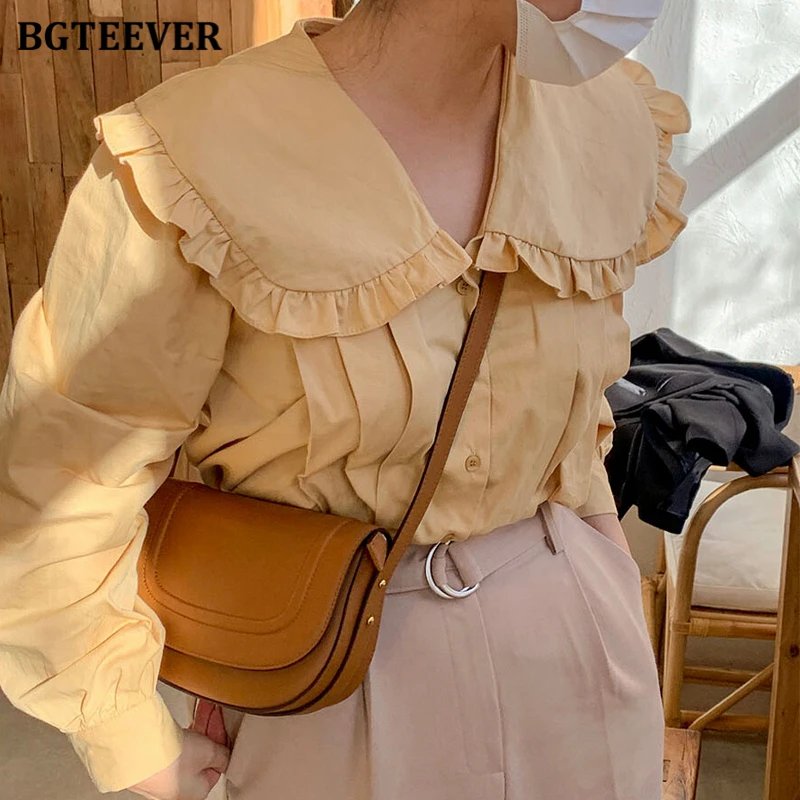 

BGTEEVER Chic Casual Peter pan Collar Women Shirts Long Sleeve Loose Single-breasted Female Solid Blouse 2021 Summer Ladies Tops