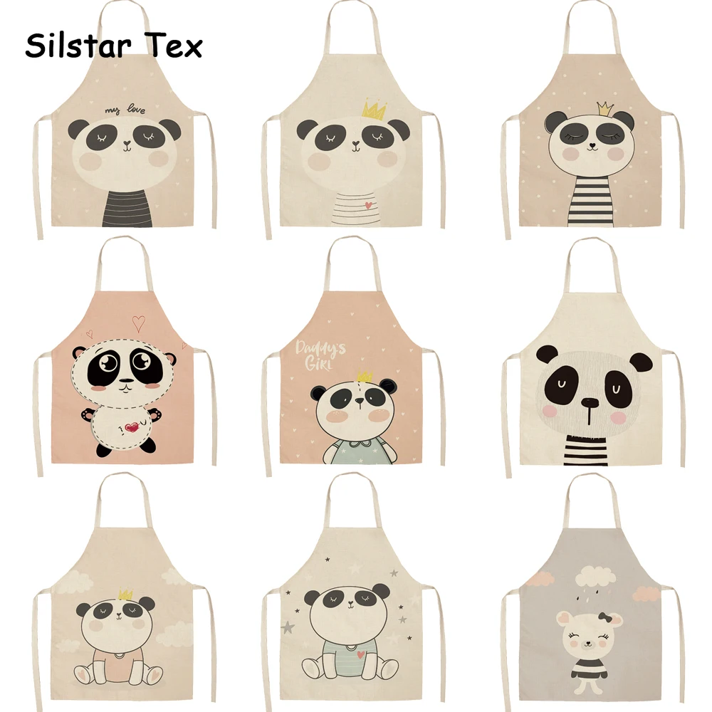 

Silstar Tex Cute Black And White Panda Apron Polyester Linen Woman Adult Bibs Home Cooking Baking Coffee Shop Cleaning Aprons
