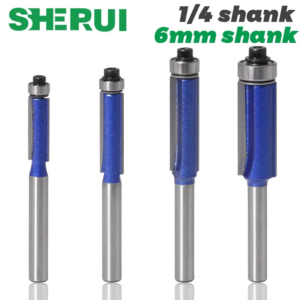 1pc 1/4 Shank 6mm shank Trim Router Bit with Bearing for Wood Template Pattern Bit Tungsten Carbide Milling Cutter for Wood