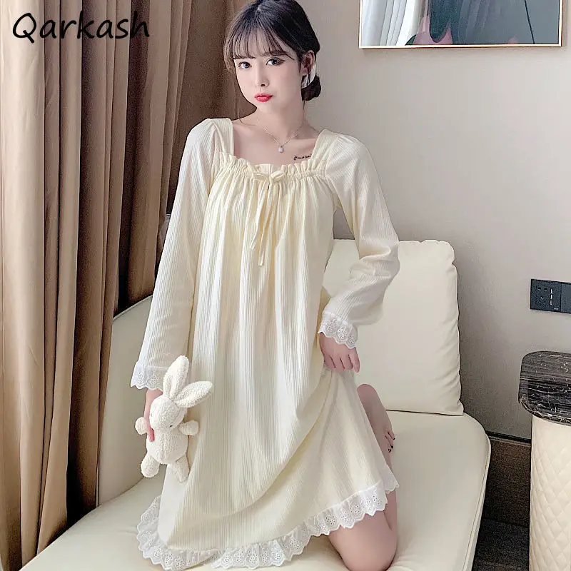 

Sleepshirts Women Sweet Kawaii Lovely Girls Nightwear Cute BF Style Lace Design Preppy Simple Spring Nightgowns Square Collar