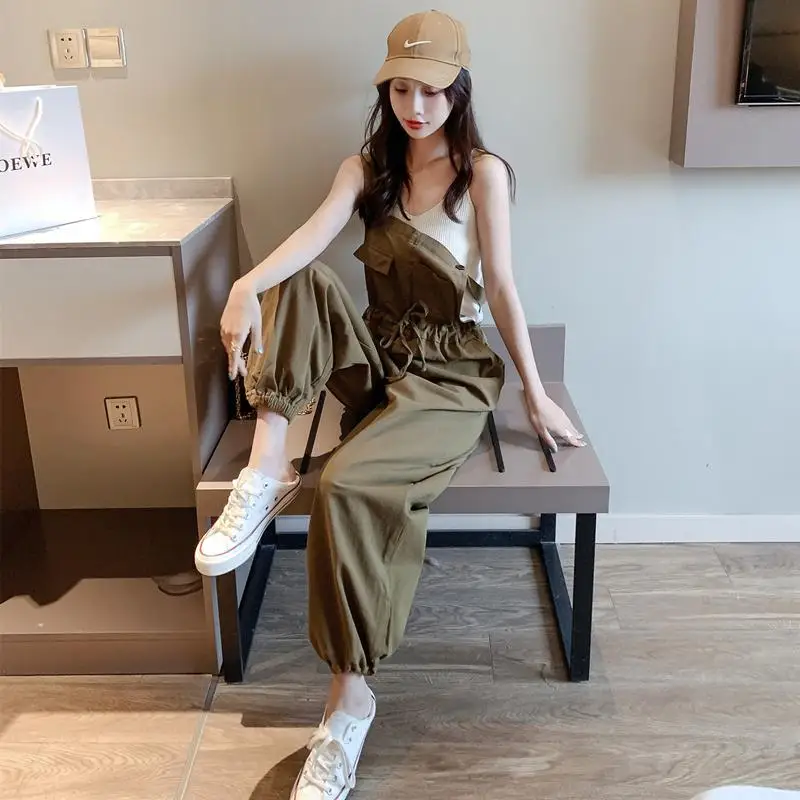 

Overalls Straps in Spring and Summer Korean Style Loose Leisure Joker Age Reduction Waist Bundle Green Pants Women