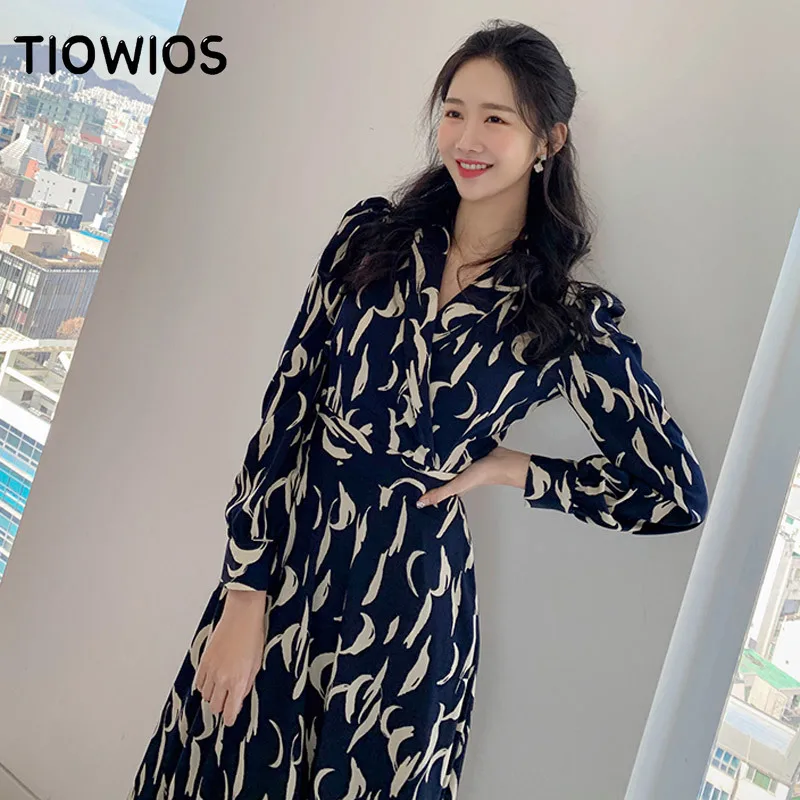 

Новинка 2021 года, женское осеннее корейское темпераментное платье tiвосемь цветов с воротником и поясом, модное платье с широкой юбкой и прин...