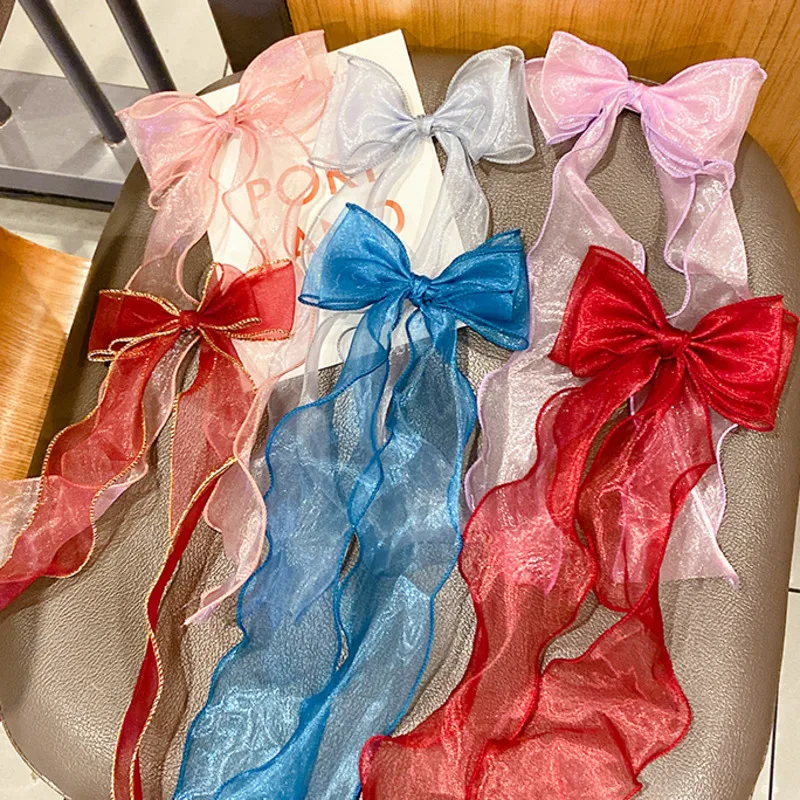 

[Xwen] 2021 New Red Bow Long Ribbon Hair Clip Headdress Korean Top Clip Hair Clip Back Of Head Hairpin Fashion Hair Accessories