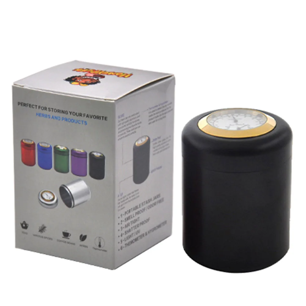 

HONEYPUFF Craft Aluminum Metal Storage Stash Jar With Thermometer & Hygrometer Airtight Proof Storage Container Pill Box Case