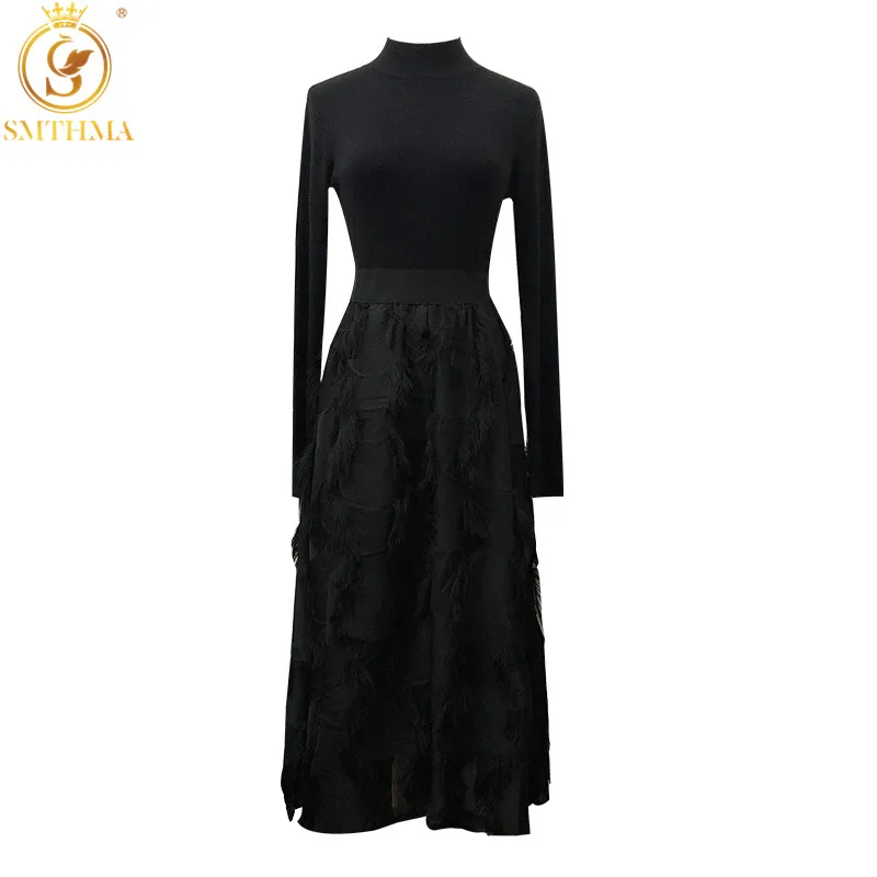 

Elegant Women Knit Set New Spring Half Turtleneck Full Sleeve Black Sweater Pullover+Elastic Waist Tassels Long Skirt Suit