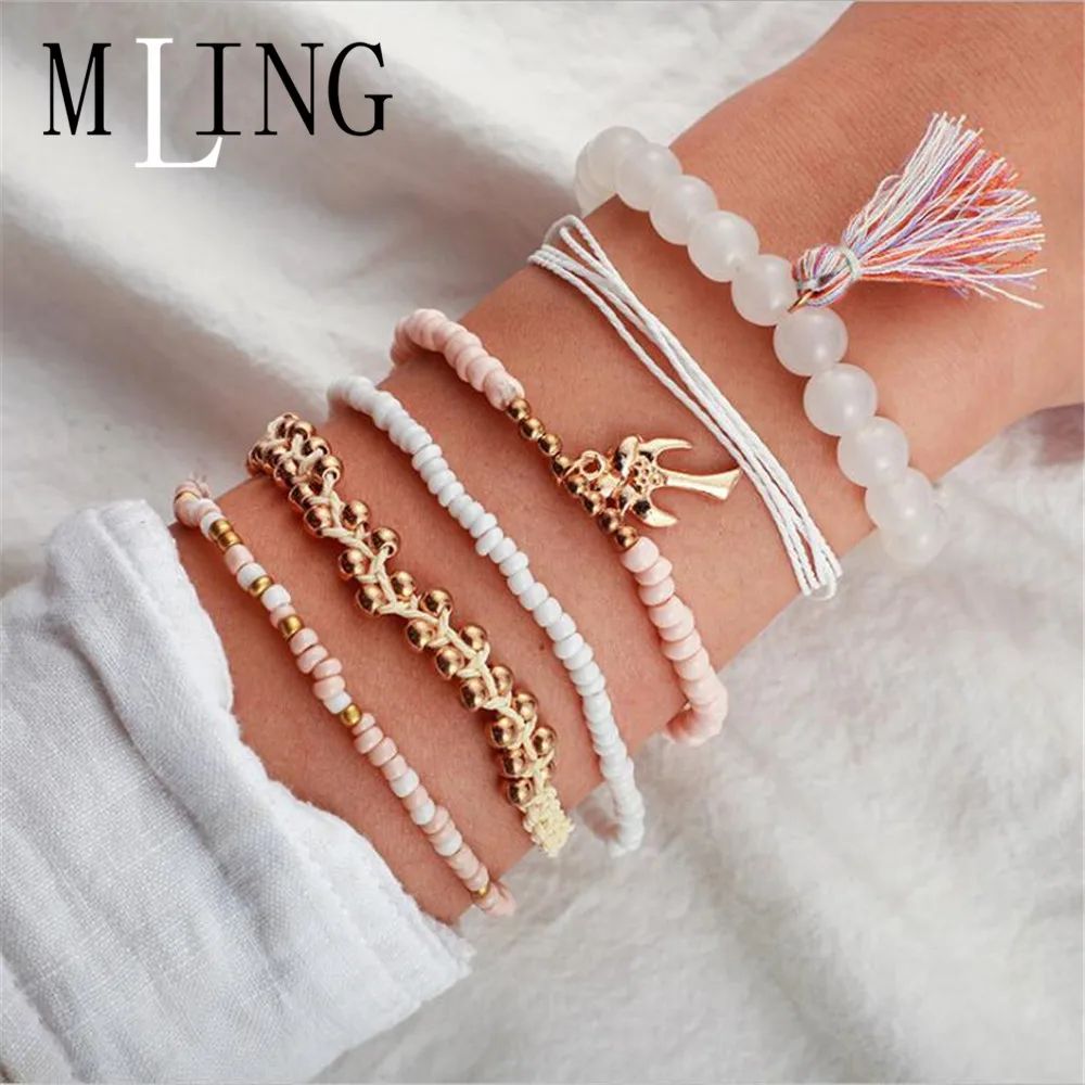 Женский винтажный плетеный браслет MLING 6 шт./партия с бусинами ручной работы |