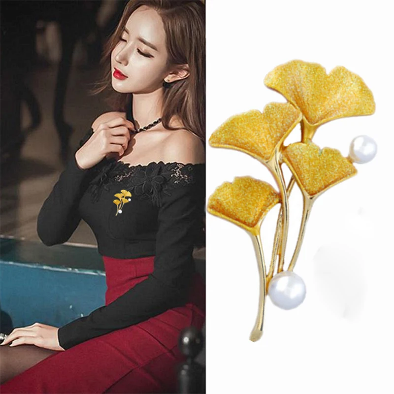 KingDeng Brooches Korean Fashion Gifts for Woman Accessories Pink Enamel Pin Lapel Cute Pearl Ginkgo Leaves Party Jewelry | Украшения и