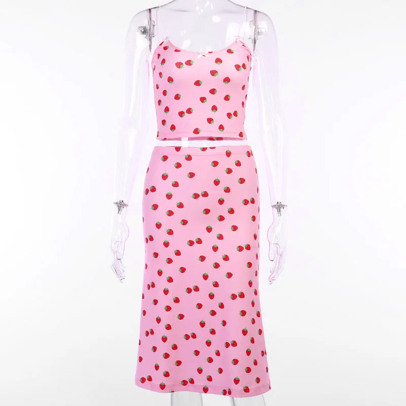 

Pink Strawberry Summer Two Piece Set Women Skirt And Top Set Casual Girlish 2 Piece Set Women 2020 Milk Shreds Cute 2 Piece Sets