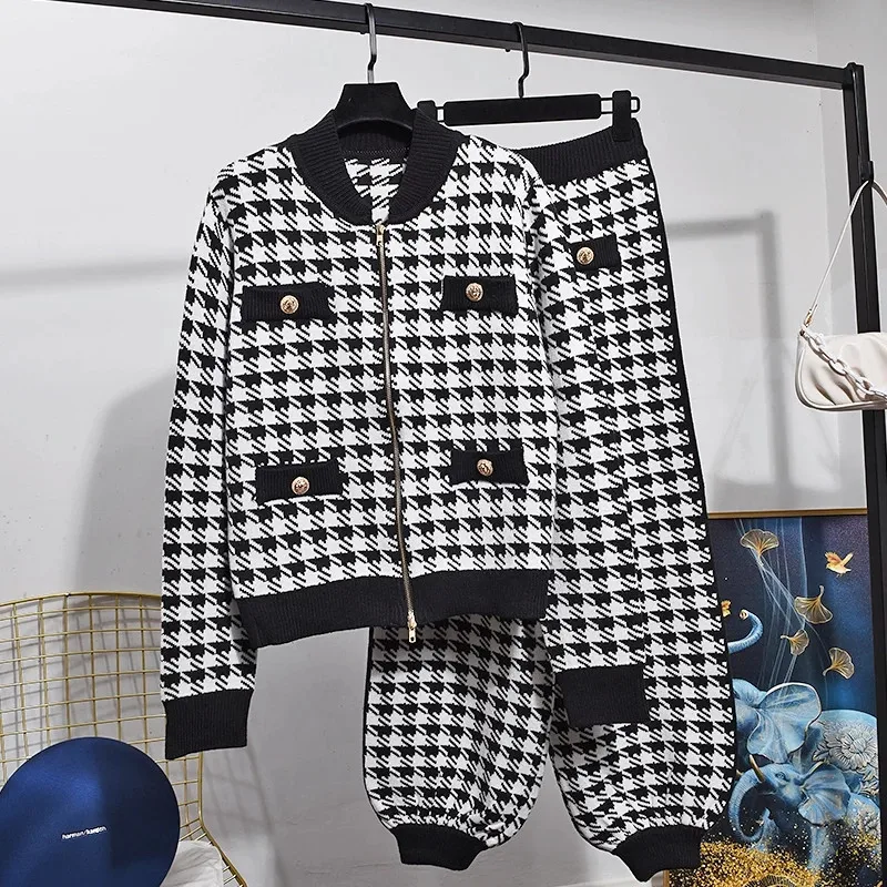Fashion Houndstooth Knit Cardigan Jacket 2 Piece Set Ladies Autumn Long Sleeve Coat+Bloomers Pants Women Suit Winter chandal