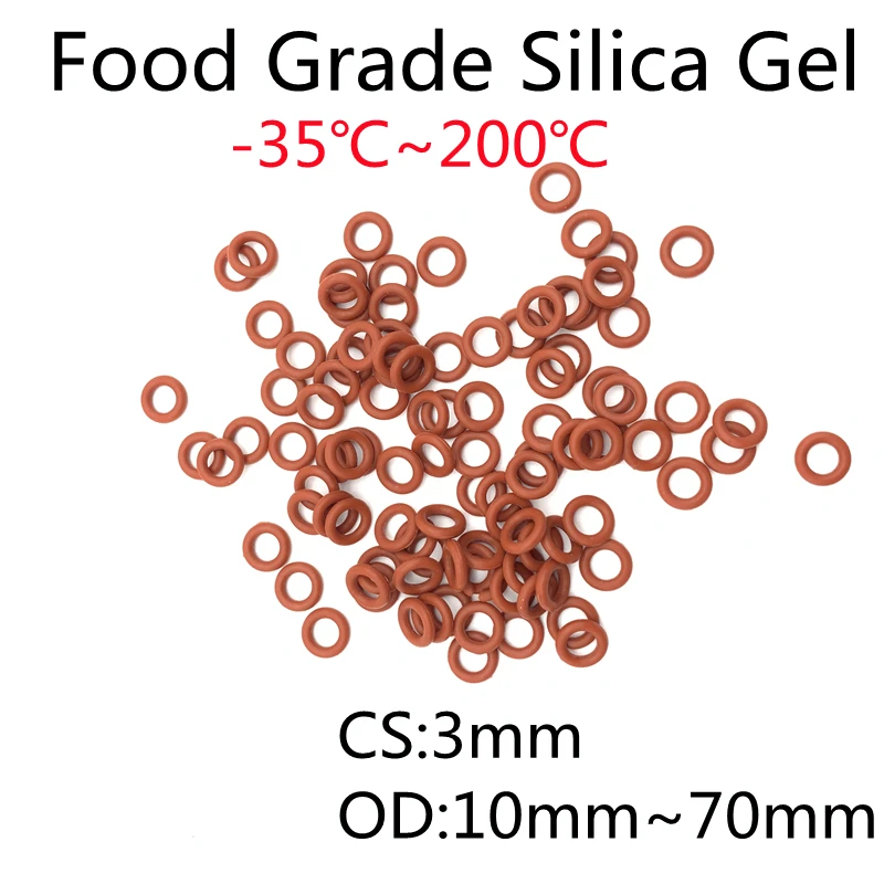 

100pcs VMQ O Ring Seal Gasket Thickness CS 3mm OD 10 ~ 70mm Silicone Rubber Insulated Waterproof Washer Round Shape Nontoxic Red