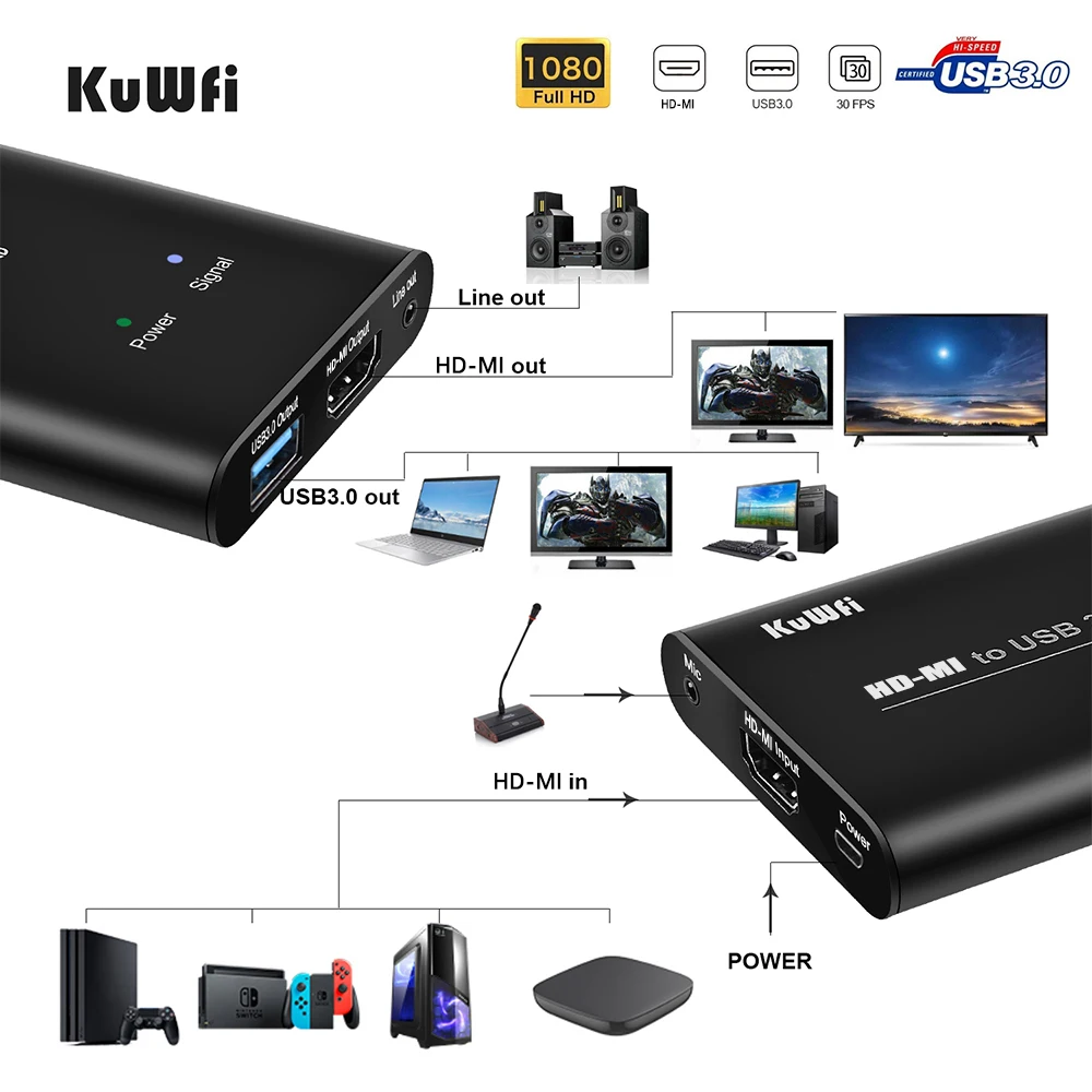 KuWFi HD MI для USB2.0 Карта видеозахвата 4K60Hz видео Запись коробка потоковая трансляция