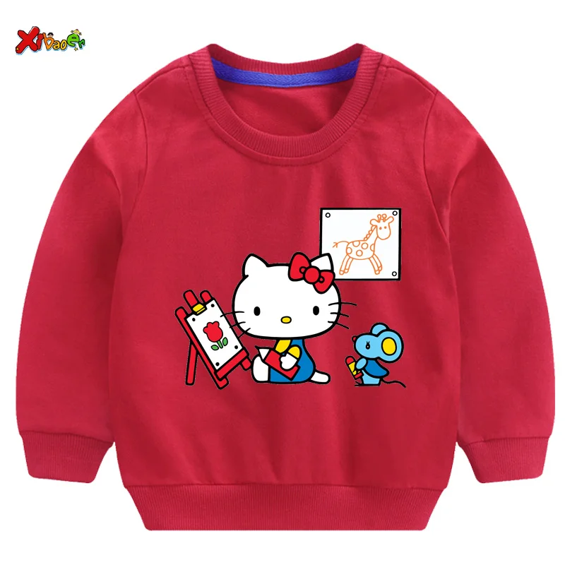 Свитшоты для маленьких девочек Футболка hello kitty г. Осенние толстовки для малышей, пуловер с длинными рукавами Модная одежда с героями мультфильмов красный, белый