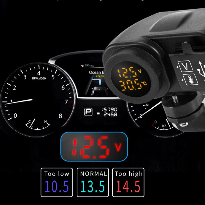 waterproof 36w qc3 0 phone charger double usb moto motorcycle cigarette lighter socket for starting device voltmeter temperature free global shipping