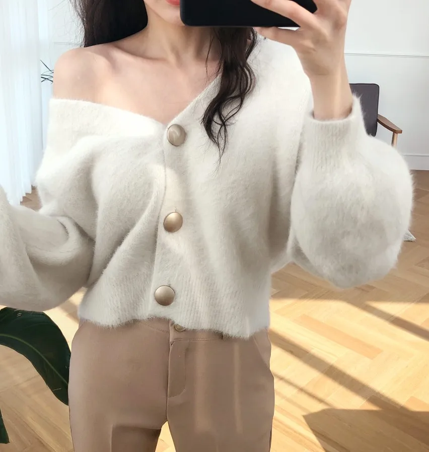 2021 Autumn Winter Fashion Women Mink Cashmere Cardigan Sweater Female V-neck Knitted Long haired mink cashmere sweater |