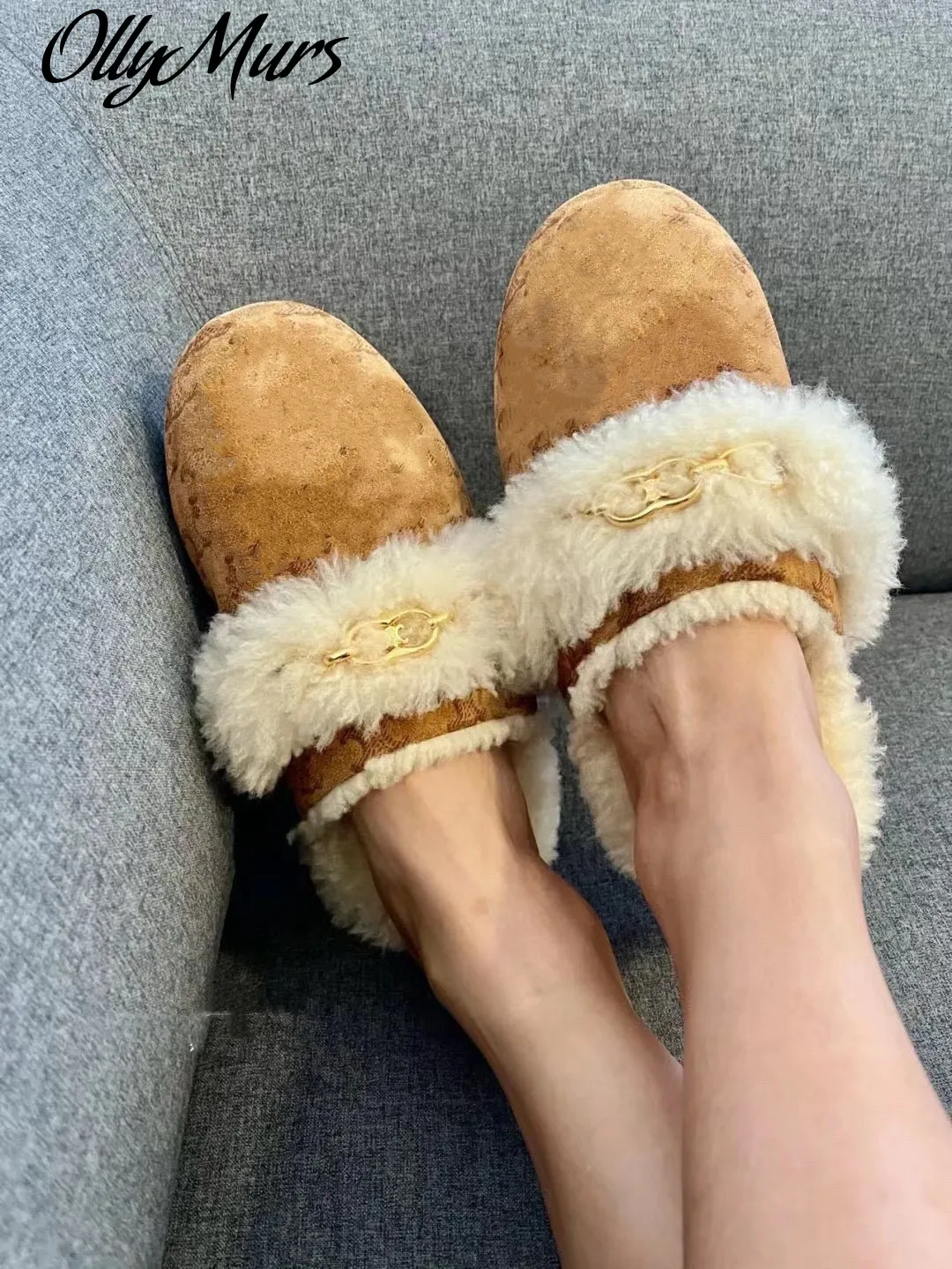 

Ollymurs 2021 Women Winter Wool Furry Slippers Luxury Brand Designer Luxury Fur Woman Slippers Winter Women Furry Slippers