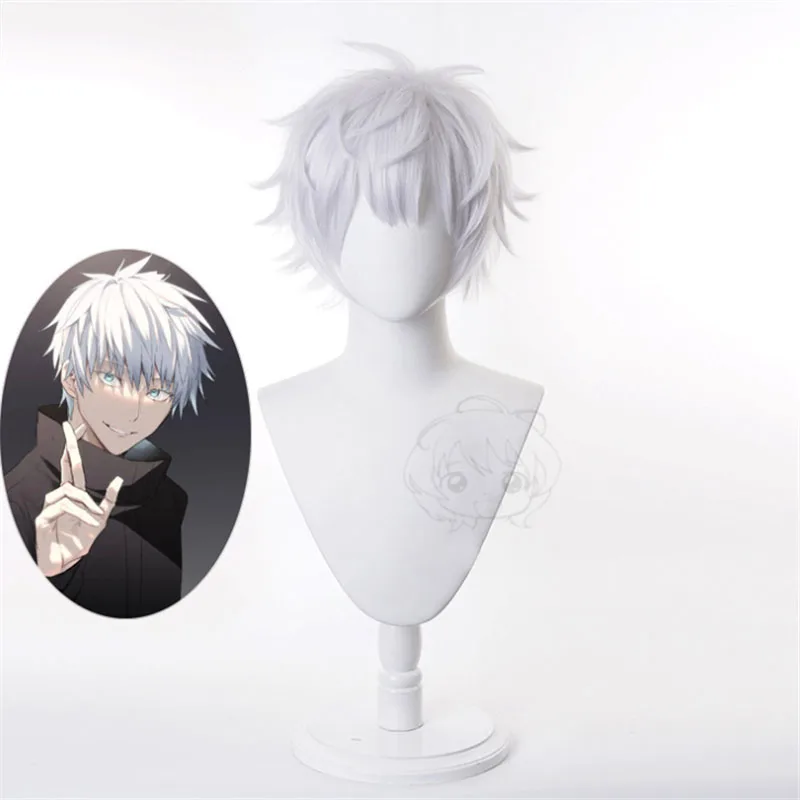 

30cm Anime Jujutsu Kaisen Gojo Satoru Wig Short Silver White Layered Heat Resistant Synthetic Hair Cosplay Wigs + Wig Cap