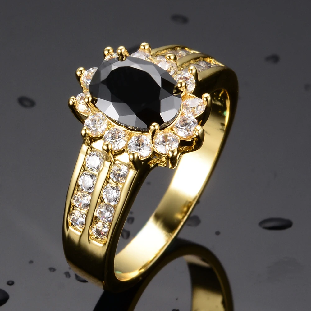 

Punk Female Black Oval Crystal Jewelry Charm Gold Color Wedding Rings For Women Boho Bride Flower Engagement Valentines Day Gift