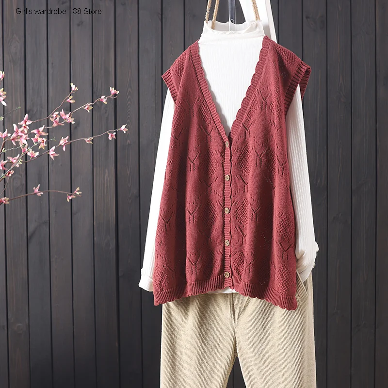

autumn new products loose solid color cotton lace knitted vest cardigan women's sleeveless button sweater vest