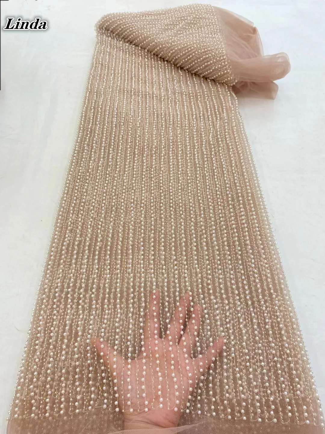 

Linda Latest Tulle Embroidery Beading Lace Fabric with Beads 2021 Luxury Tulle Laces Evening Gowns Beaded Lace Material