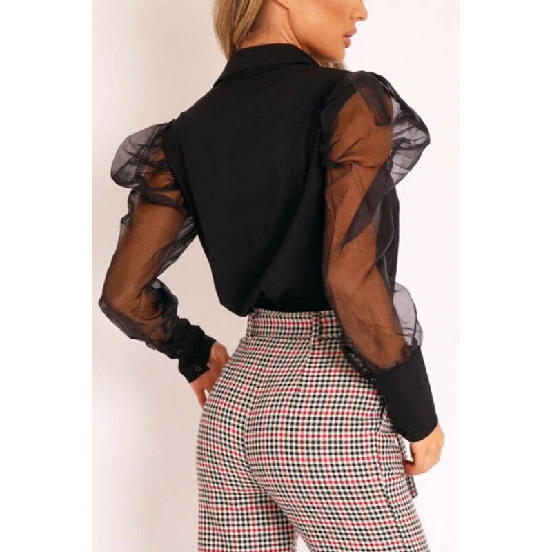 

Women Sexy Mesh Puff Long Sheer Sleeve Blouse Slim Fit Casual Shirt