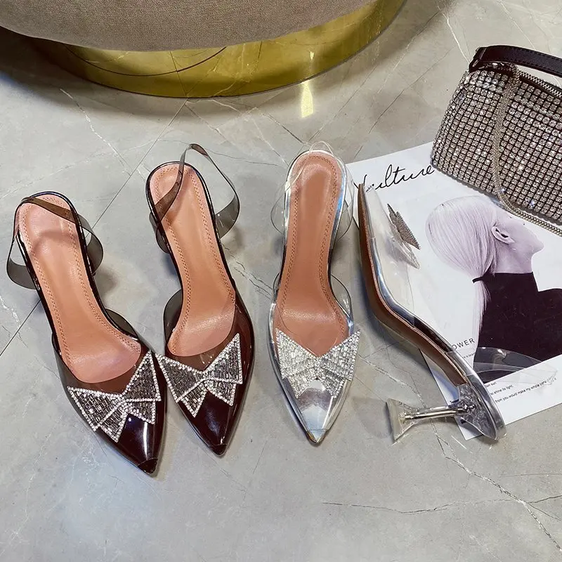 

2021 Women Sandals Crystal Butterfly High Heels Summer Transparent PVC Slip On Sexy Shoes Women Pointed Toe Wedding Party Shoes