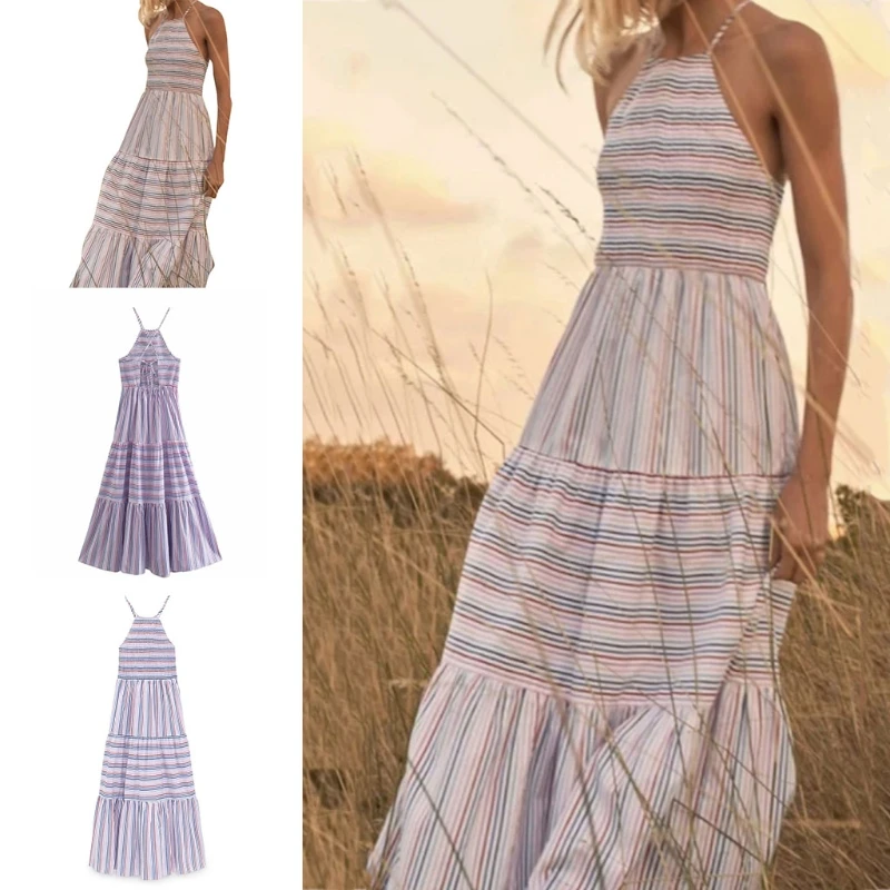 

Women Summer Sleeveless Halter Boho Striped Print Midi Long Dress Elegant Ruched Sexy Backless High Waist Swing Sundress