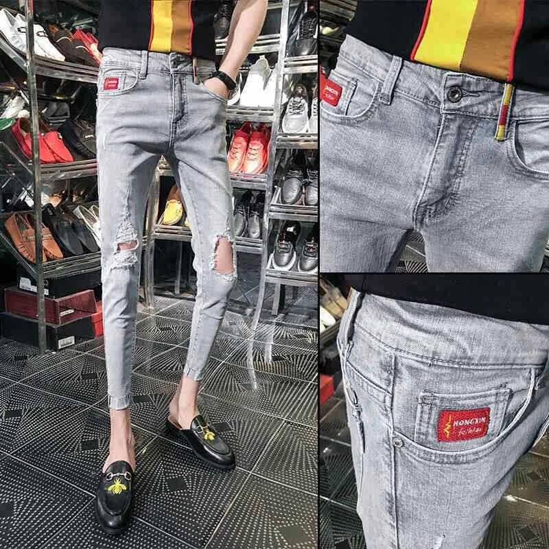 Мужские джинсы летние модные повседневные мытый серый укороченные рваные брюки