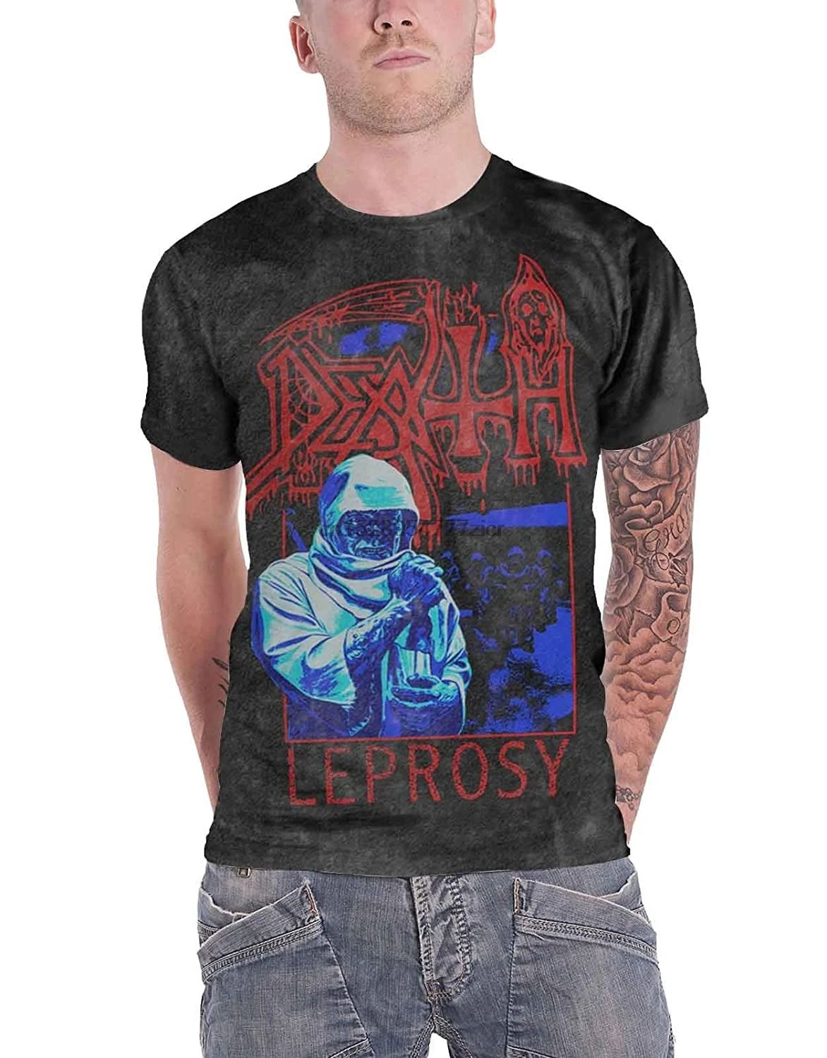 

Death T Shirt Leprosy Posterized Band Logo Official Mens Black Vintage Wash(1)